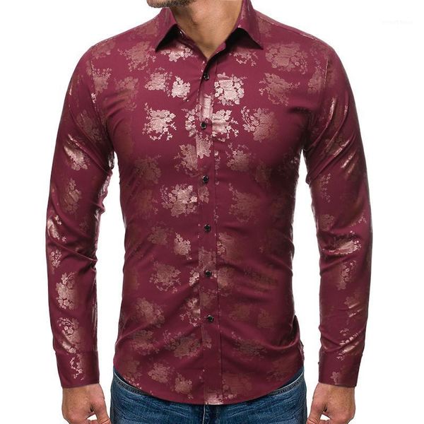 

mens floral jacquard bronzing print dress shirts slim fit long sleeve shirt men casual button down shirt male camisa masculina1, White;black