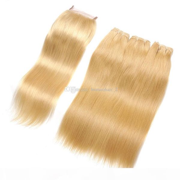 

blonde straight 3 bundles with lace closure peruvian virgin hair weft with lace closure silk straight #613 platinum bright blonde hair, Black;brown