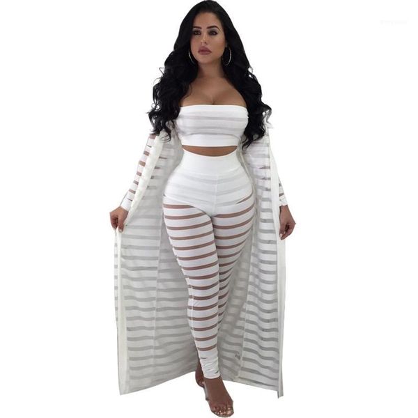 

2018 mesh club 3 three piece set see through bra pants cardigans night party clothes matching women sets clubwear1, White