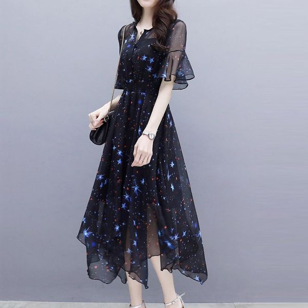 

fashion women sweet dress chiffon printed ruffled v neck flare sleeve high waist dress women midi dresses elegant polyester dress j30, Black;gray