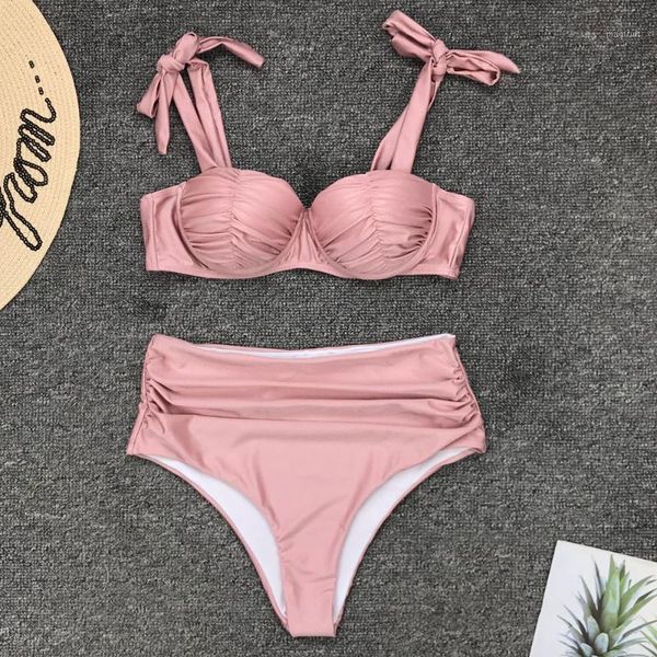

dusty pink ruched high-waisted bikini sets padded swimsuit two pieces swimwear women 2020 beach bathing suits1, White;black