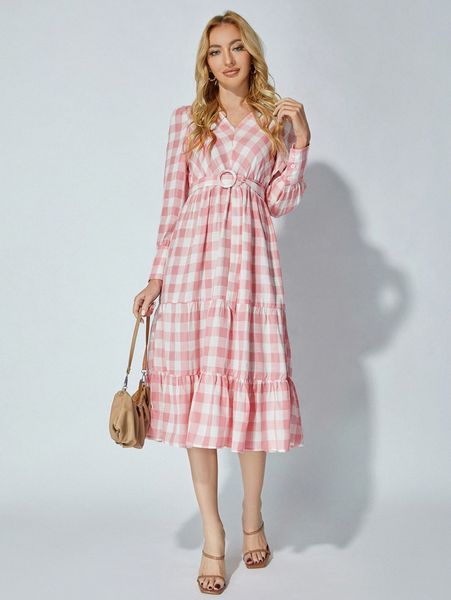 

o-ring belted ruffle hem gingham dress b7bc#, Black;gray