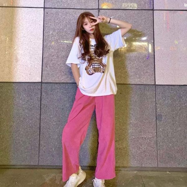 Houzhou estilo coreano corduroy calça mulheres verão reta cintura alta calças mulheres moda rua streetwear pants pants rosa calças de rosa 201113