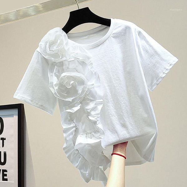 

three-dimensional flower t-shirt female 2020 summer japanese loose black tee fashion personality stitching women 1, White