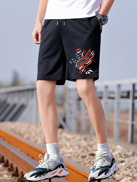 

romwe guys american flag print shorts f1cx#, Black