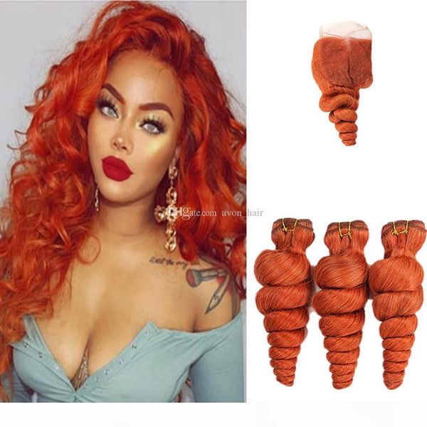 

orange color human hair 3bundles with closure 4x4 pure color 350# loose wave hair weaves and closure 4x4, Black;brown