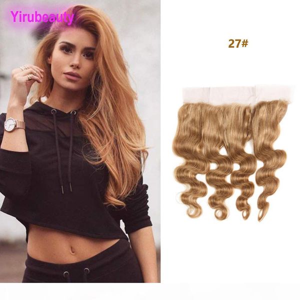 

indian virgin hair 13x4 lace frontal with baby hair products 27# part wholesale body wave honey blonde 10-22inch, Black;brown