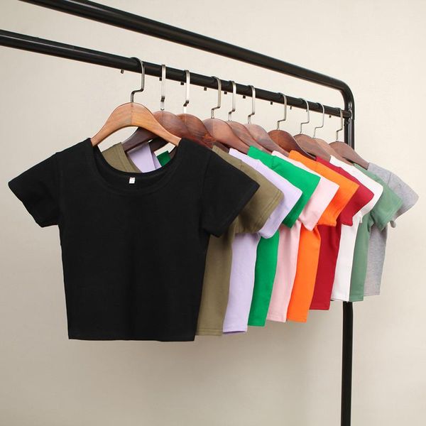 

white o neck women's short sleeve shirt cotton stretch navel solid woman t-shirts fashion street clothes for women