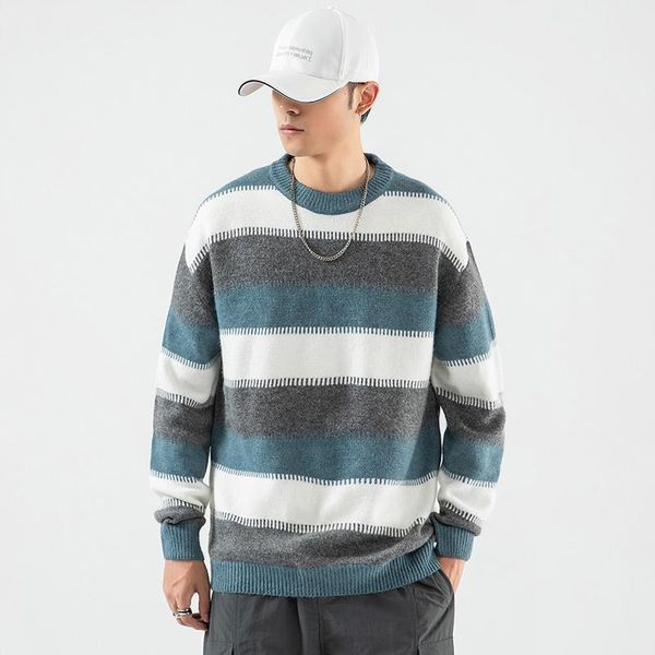

men's sweaters 2021 autumn brand knitwear men o neck casual warm striped streetwear sweater hip hop oversize pullovers, White;black