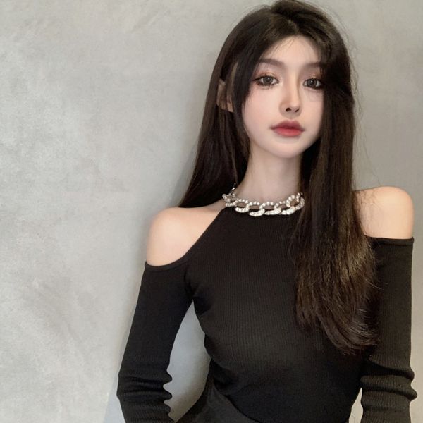 

autumn 2020 new slim fit long sleeve drill chain off shoulder bottoming shirt short pullover black sweater for women