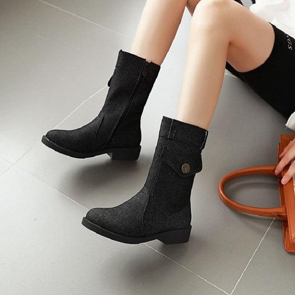 

mid calf boots women autumn winter denim casual martin boots low heels platform big size female booties botas mujer chaussure, Black