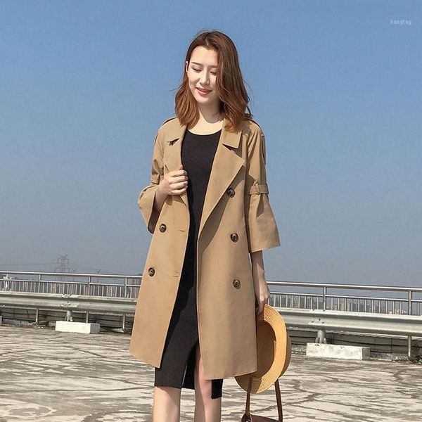 

2020 autumn new high fashion plus size woman classic double breasted vintage trench coat waterproof business outerwear s441, Tan;black