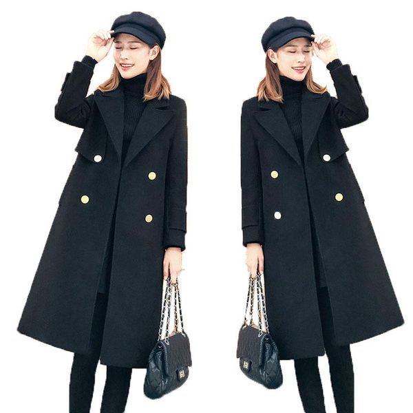 

women's wool & blends female fashion temperament elegant woolen coat 2021 korean medium and long sectionthicken warm women outw, Black