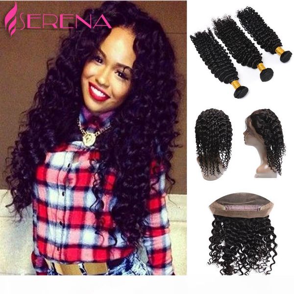 

brazilian deep wave hair weave bundles 360 lace frontal closure with bundles brazilian virgin hair brazilian hair weave bundles, Black;brown