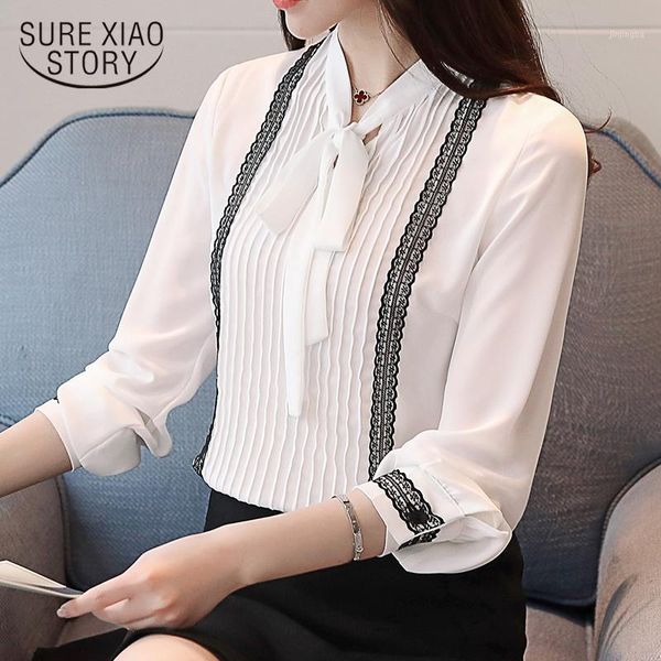 

2018 new spring long sleeved blouses women v-neck bow chiffon shirts office lady style lace sweet women clothing d472 301, White
