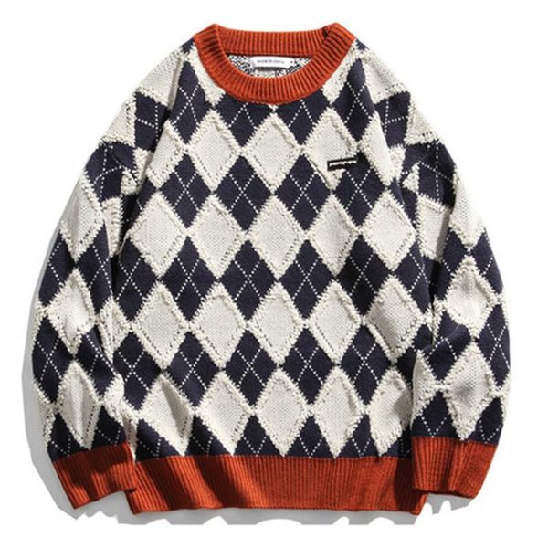 

icpans knitted mens pullover clothing harajuku plaid sweaters men hip hop loose streetwear winter coat sweater for men, White;black