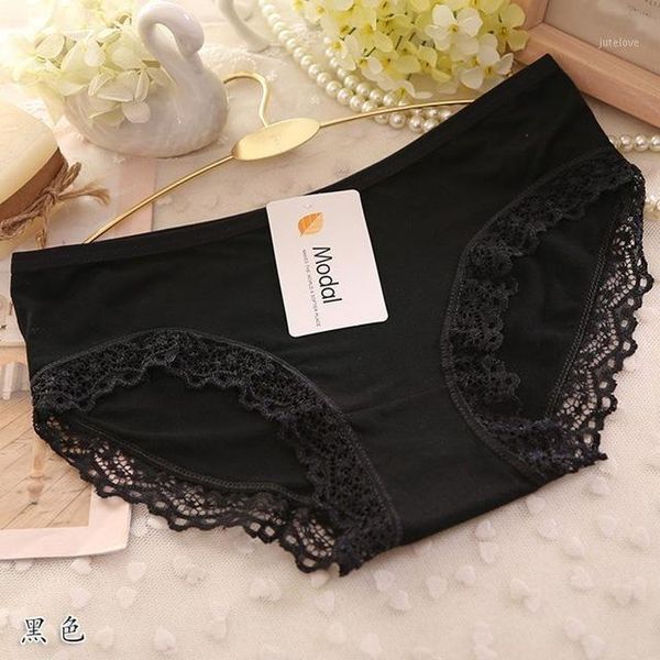 

ladies modal solid mid-waist panties lace decoration bamboo fiber beautiful breathable panties wholesale1, Black;pink