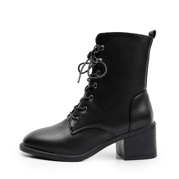 

boots women's shoes autumn/winter 2021 middle heel comfortable non-slip flat bottom lace-up side zipper fashion, Black