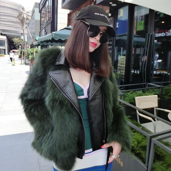 

autumn winter fashion faux fox fur women;s jacket leather stitching fur coat slim casual thick warm hight-end outwear l1136x1016, Black;brown