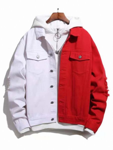 

men colorblock button-front denim jacket without hoodie r7ix#, Blue