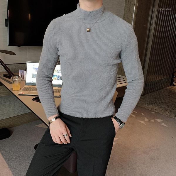 

young handsome half turtleneck sweater trendy slim mink fleece sweater korean version of wild stretch can't afford ball1, White;black