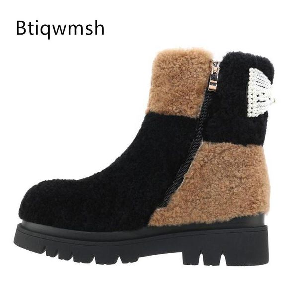 

2021 pearl butterfly snow boots women round toe black brown white wool fur patchwork high heel botas de mujer winter ankle boots