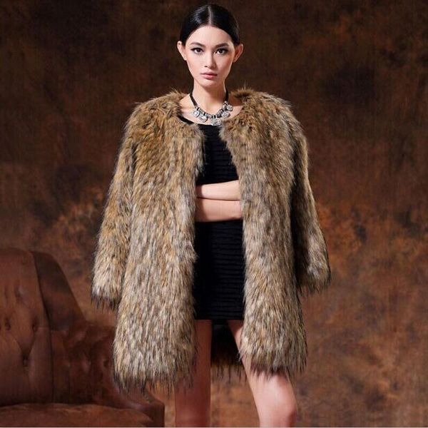 

leosoxs faux fur coat women thick retro slim o-neck collar full sleeve casual vintage wild fashion female winter, Black