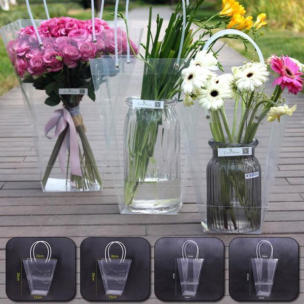 

storage bags flower packaging container bag trapezoid shaped plastic gift with handle clear handbag transparent hand tote