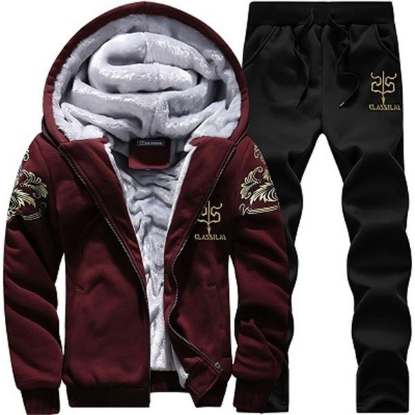 

2021 new winter thick sports suit tracksuit hooded sportswear cardigan hooded+elastic pants casual men fleece warm sets 3e8n, Black