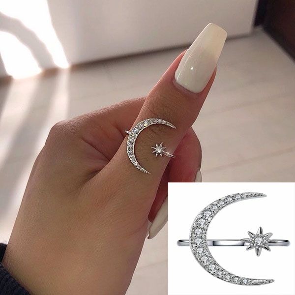 

silver sterling 925 adjustable opening star and moon ring trendy crystal jewellery for women, Slivery;golden
