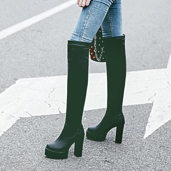 

large sizes 43 chunky high heels platform over the knee party winter shoes women boots female, Black
