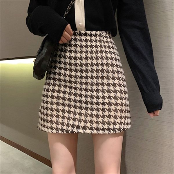 

2021 new new high-waist houndstooth woolen women's short all-match black skirt fgcw