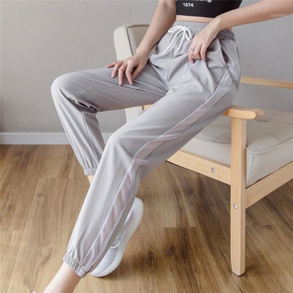 

pants women casual sport pants side mesh thin breathable strap design nine point hip hop joggers u61, Black;white