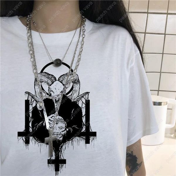 

harajuku women t-shirt vintage vegan jersey devil goat female tees cool girl sleeve loose punk chic hip hop casual clothing, White