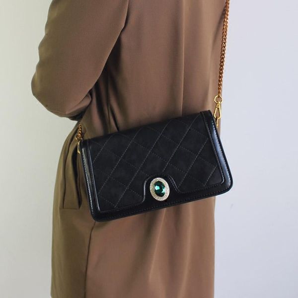 

benviched ladies' cattle leather bag 2020 fashion black retro diamond grain diamonds chain inclined single shoulder bag c399
