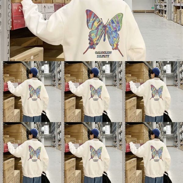 

shrimp skin long sleeve cartoon butterfly pullover sports loose pullover plush sportswear men's autumn and winter wear brrqz, Black