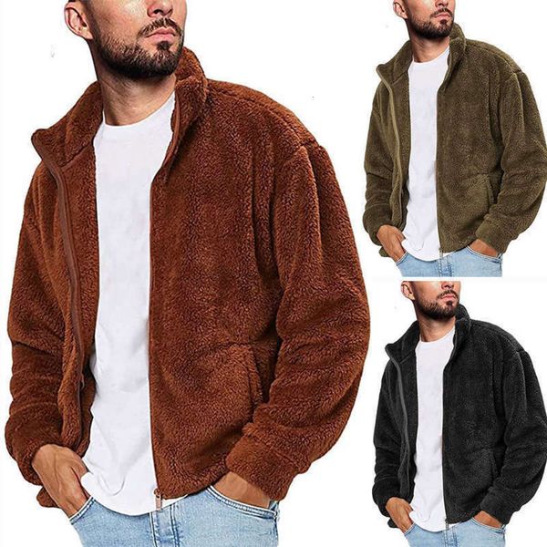 

warm 2020 single color sale solid and cold proof fluffy coat men's sports leisure zipper cardigan sweater, Gray