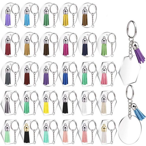 

keychains 15 acrylic circle discs,15 hexagon discs, key chains and colourful tassel keyring for diy projects crafts, Silver