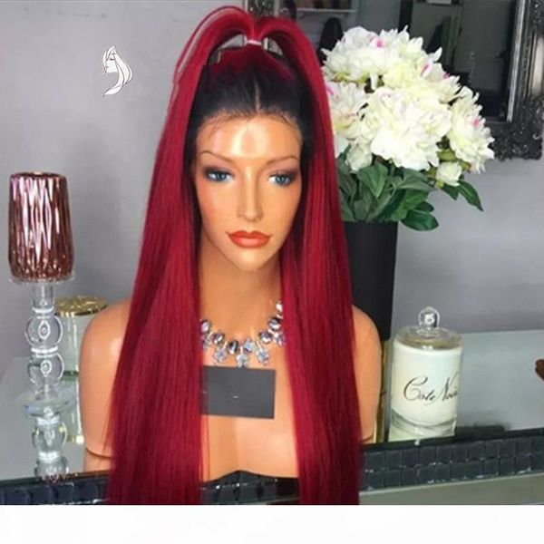 

ombre burgundy silky straight long wigs hair wigs baby hair heat resistant glueless synthetic lace front wigs for black women fzp23