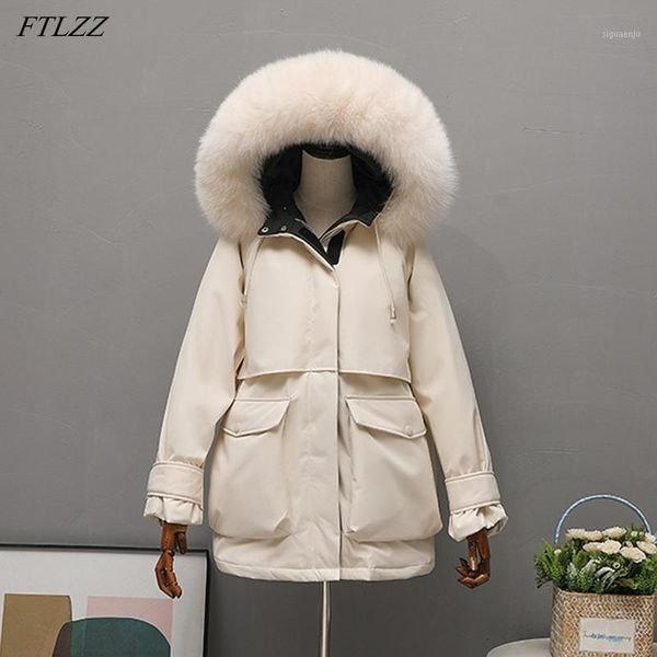 

ftlzz new winter women large faux fur collar down coat thickness warm hooded 90% white duck down parkas sash tie up outwear1, Black