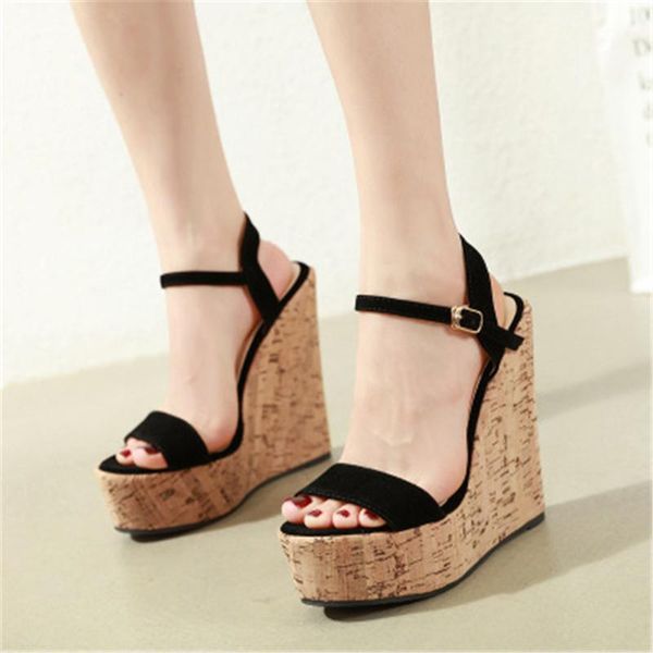 

sandals women open toe ankle strap platform wedges super high cover heel gladiator ladies shoes buckle summer pumps eu 35-40, Black