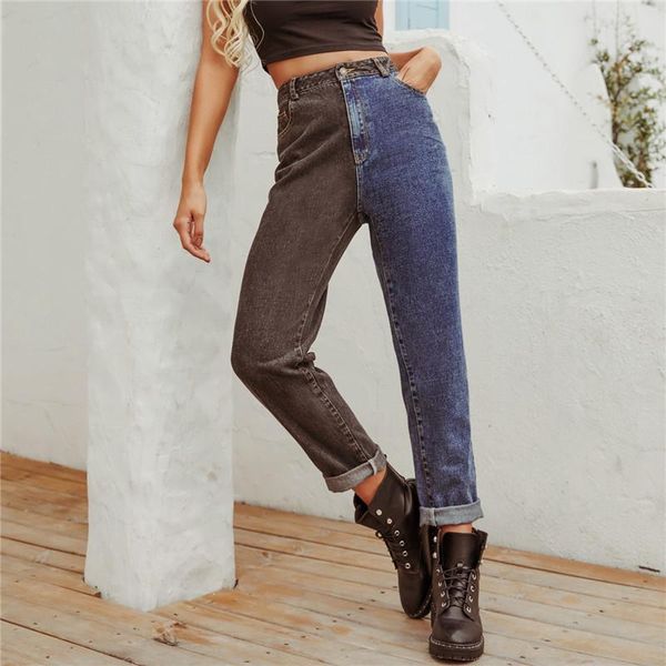

women fashion high waist black blue color block jeans stylish straight pants casual zipper long trousers chic korean style