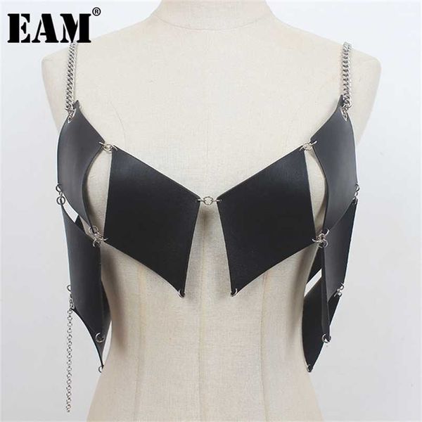 

[eam] women loose fit black pu leather irregular short vest v-collar sleeveless fashion spring autumn 2022 1de2233 220117, Black;white