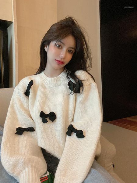 

thickened knitted sweater for women's autumn and winter new bow loose and lazy pullover, White;black