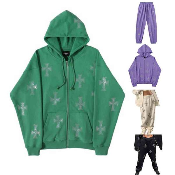 

women goth punk zip up hoodies jacket cross rhinestone baggy pants joggers hip hop oversized sweatshirt coat loose streetwear, Black