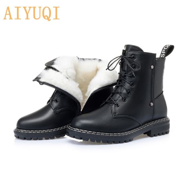 

aiyuqi women's winter shoe boots 2020 new genuine leather ladies martin boots wool warm non-slip student women's ankle boots y2007, Black