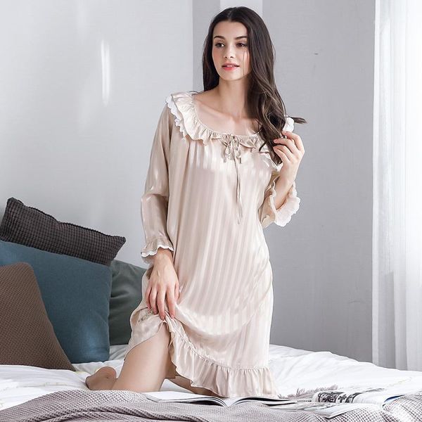

brand women silk satin nightgown long sleeve striped nightdress female o-neck sleeping dress spring nightwear sleepwear1, Black;red
