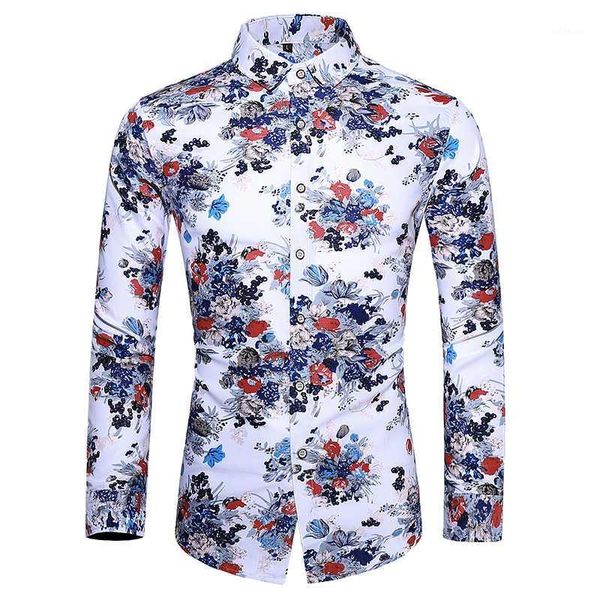 

autumn 2020 men dress shirts fashion floral print beach hawaiian shirts slim fit long sleeve mens casual camisa masculina1, White;black