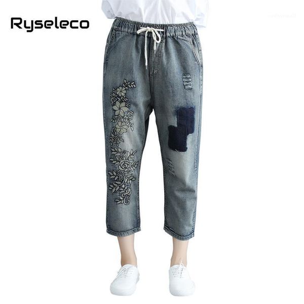 

women's jeans embroidery denim trousers women vintage retro plus size panels floral ripped comfort casual loose oversize pants1, Blue