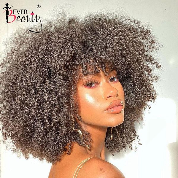 

mongolian afro kinky curly lace front human hair wigs with bangs 4b 4c short human hair 13x4 lace frontal bob cut wig everbeauty, Black;brown